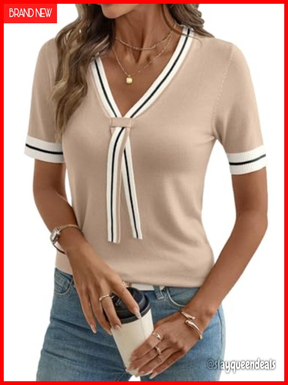 Lightweight Knit Top Short Sleeve V-Neck Tunic Casual Summer Blouse